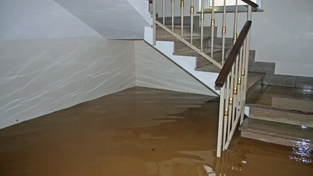 Floodwater covering the lower steps and floor beside a staircase