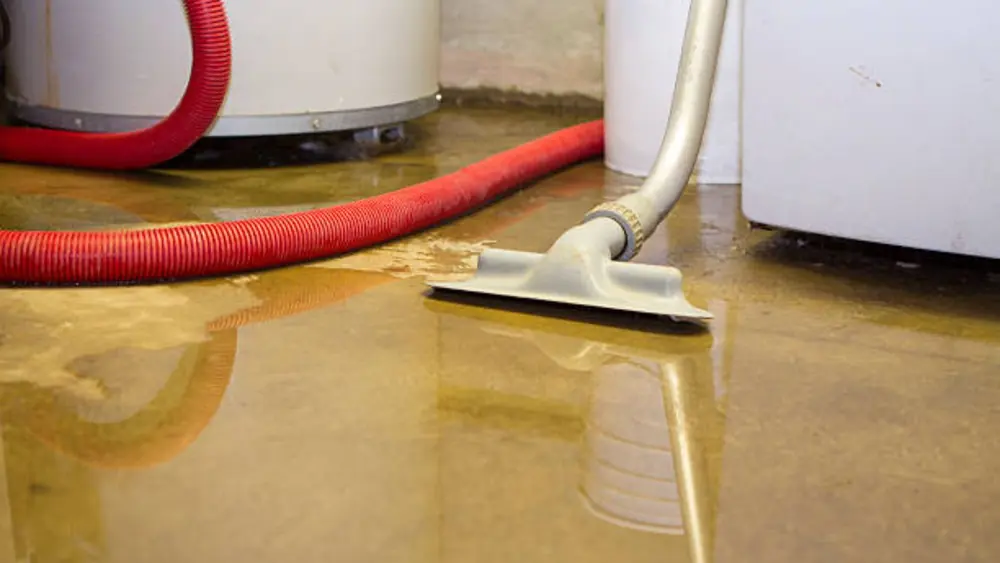 Wet-vacuum wand and red hose pulling water off a stained floor