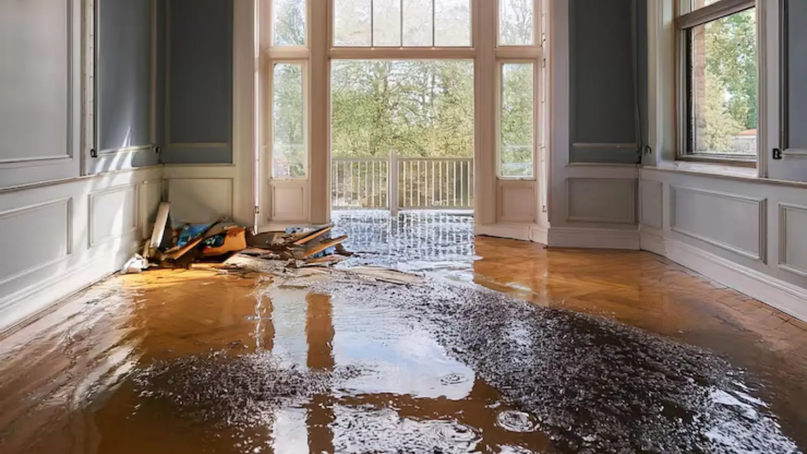 Water pooled on a hardwood floor in a bright room with tall windows after a leak