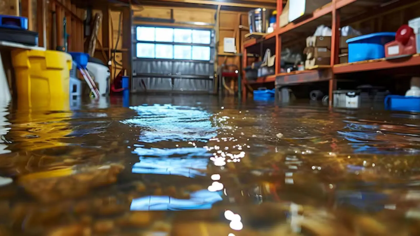Flooded garage with shelves and storage bins above the waterline