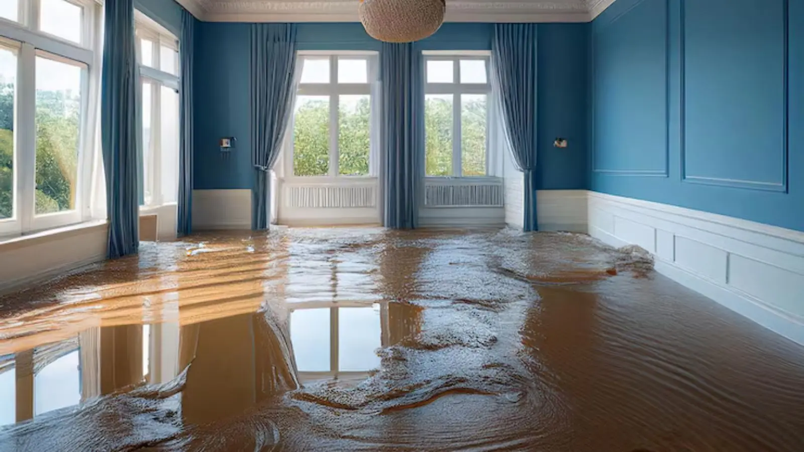Water on a hardwood floor in a room with blue walls and tall windows