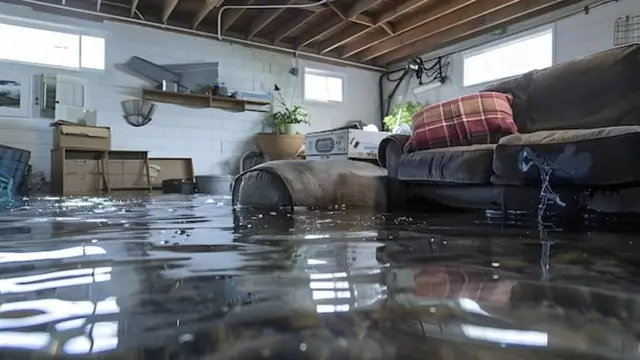 Flooded basement living area with standing water covering the floor and a sofa