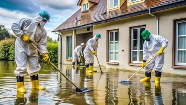 Cleanup crew in protective suits and yellow boots working in standing water outside a house