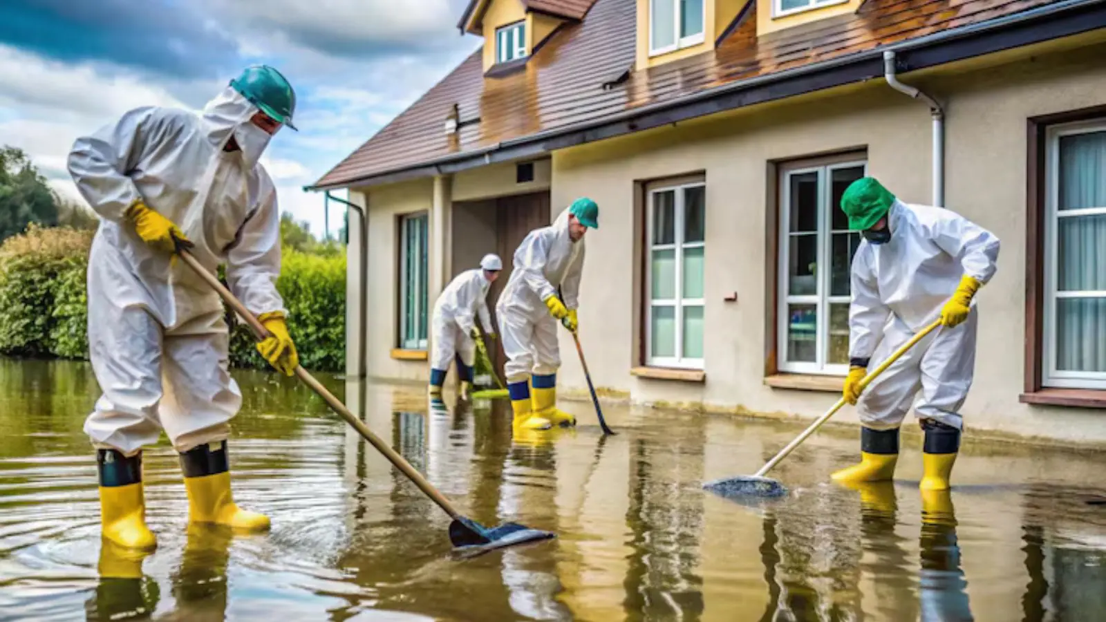Cleanup crew in protective suits and yellow boots working in standing water outside a house